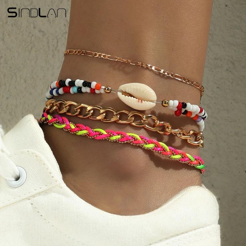 Sindlan 4Pcs Boho Shell Anklet Bracelets for Women Vintage Chain Set
