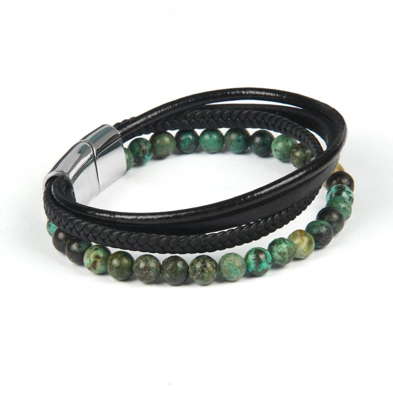 Braided Stainless Steel Leather Bracelet African & Tiger Eye Stone Beads Men