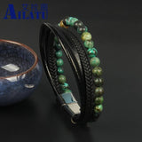 Braided Stainless Steel Leather Bracelet African & Tiger Eye Stone Beads Men