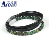 Braided Stainless Steel Leather Bracelet African & Tiger Eye Stone Beads Men