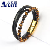 Braided Stainless Steel Leather Bracelet African & Tiger Eye Stone Beads Men