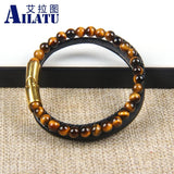 Braided Stainless Steel Leather Bracelet African & Tiger Eye Stone Beads Men