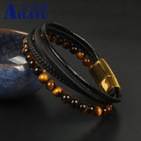 Braided Stainless Steel Leather Bracelet African & Tiger Eye Stone Beads Men