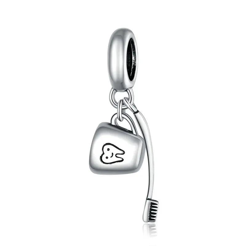 Toothbrush & Cup Charm 925 Sterling Silver Pendant Bead