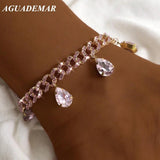 Pink Water Drop Crystal Anklet Cuban Link Chain HipHop Rock Jewelry