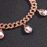 Pink Water Drop Crystal Anklet Cuban Link Chain HipHop Rock Jewelry