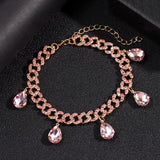 Pink Water Drop Crystal Anklet Cuban Link Chain HipHop Rock Jewelry