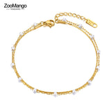 Boho Double Layer Pearl Anklet Stainless Steel CZ Crystal Foot Jewelry