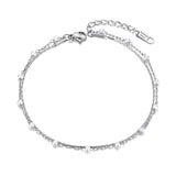 Boho Double Layer Pearl Anklet Stainless Steel CZ Crystal Foot Jewelry