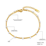 Boho Double Layer Pearl Anklet Stainless Steel CZ Crystal Foot Jewelry
