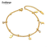 Bohemia Double Layer CZ Crystal Moon & Star Anklets