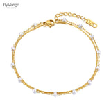 Boho Double Layer Pearl Chain Anklet Stainless Steel CZ Crystal Foot Jewelry