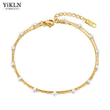 Boho Double Layer Pearl Chain Anklet Stainless Steel CZ Crystal Foot Jewelr