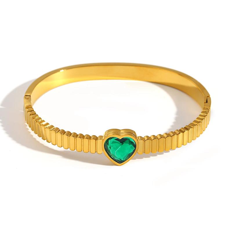 Green Crystal Heart Stainless Steel Bangle Bracelet Women Plated Jewelry