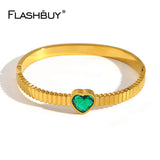 Green Crystal Heart Stainless Steel Bangle Bracelet Women Plated Jewelry
