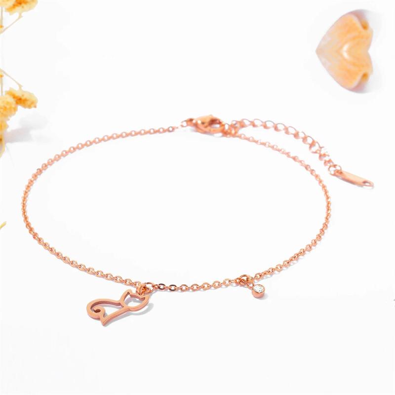 Rose Anklet with Little Cat Pattern Crystal Stainless Steel Jewelry