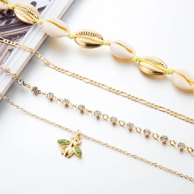 Shell Bee Alloy Anklets 4Pcs/Sets Shell Crystal Leg Bracelet