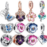 925 Silver Deep Purple Pansy Flower Dangle Charm for DIY Jewelry