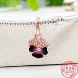 925 Silver Deep Purple Pansy Flower Dangle Charm for DIY Jewelry