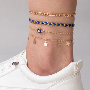 Red Beads Star Tassel 4pc Anklet Ethnic Alloy Chain Jewelry