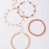 Red Beads Star Tassel 4pc Anklet Ethnic Alloy Chain Jewelry