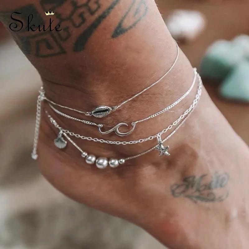 4 Pcs Vintage Wave Starfish Shell Beaded Anklets Boho Beach Ankle Bracelets