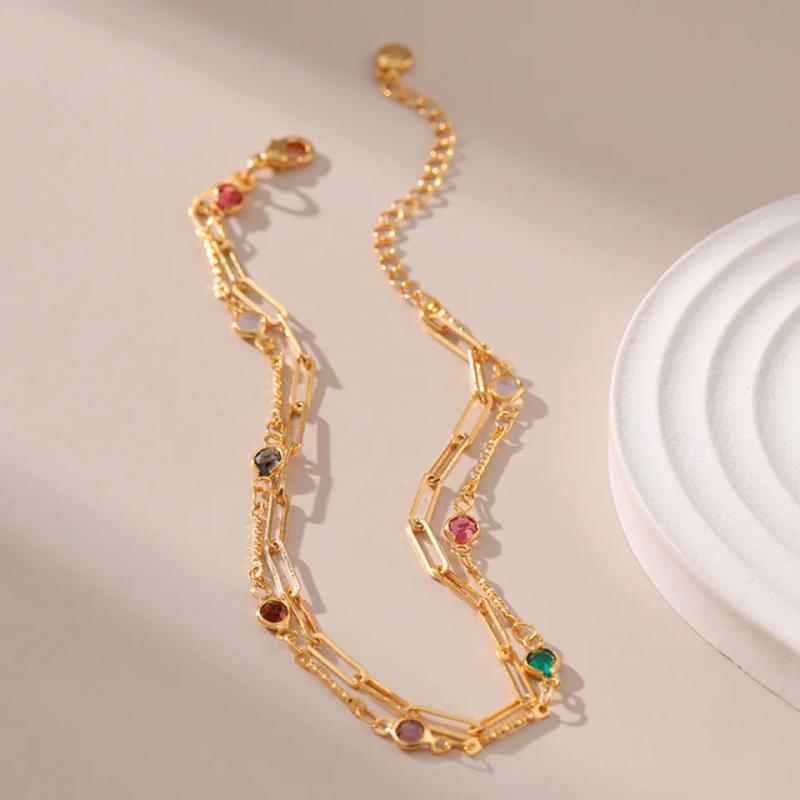 Colored Zircon Double Layer Paperclip Chain Anklets for Women