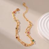 Colored Zircon Double Layer Paperclip Chain Anklets for Women