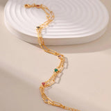 Colored Zircon Double Layer Paperclip Chain Anklets for Women