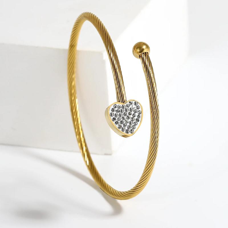 Stainless Steel Heart Cuff Bracelet Bangle with Zircon