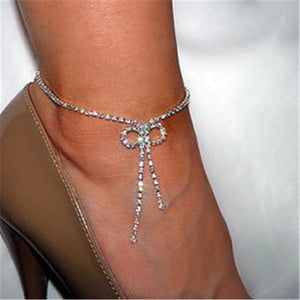 Rhinestone Bow Long Thingle Foot Chain Ultra Flash Crystal Ankle Chain