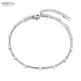 Boho Pearl Chain Anklet Stainless Steel CZ Foot Jewelry