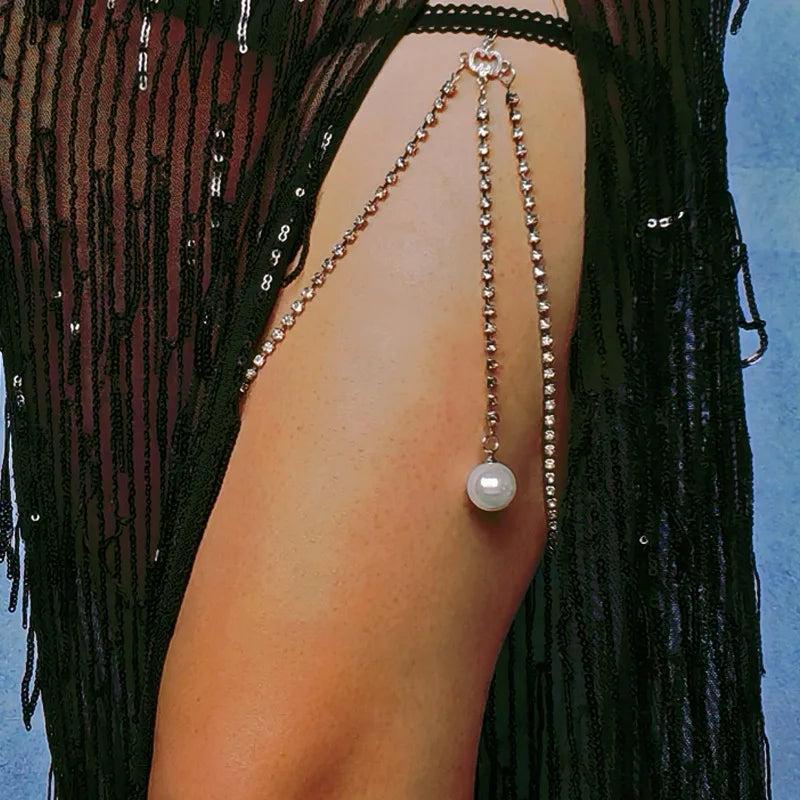 Bohemian Rhinestones Leg Chain Pearl Pendants Thigh Harness