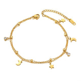 Bohemia Double Layer CZ Crystal Moon & Star Anklets Stainless Steel Foot Chain