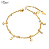 Bohemia Double Layer CZ Crystal Moon & Star Anklets Stainless Steel Foot Chain