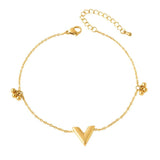 Stainless Steel V Letter Anklet Round Beads Charm Chain Sandal Beach Jewelry