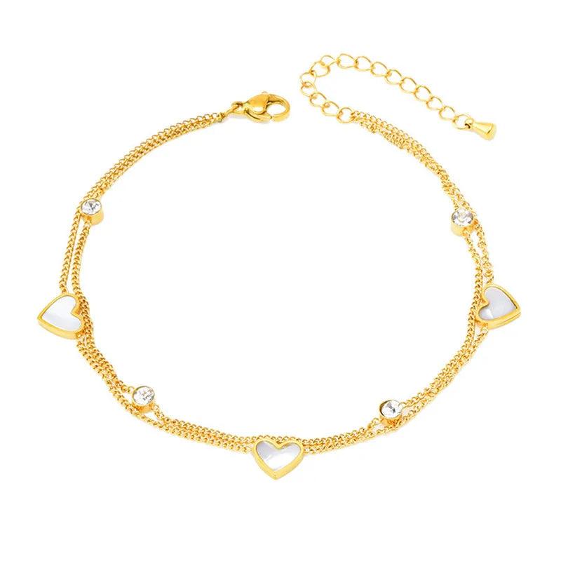 Heart Anklets Shell Double Layer Chains Stainless Steel Beach G