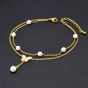 Butterfly Pearl Stainless Steel Women Anklet Tassel