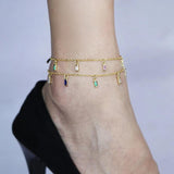 Rainbow CZ Drop Charm Chain Women Anklet