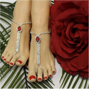 Vintage Red Gem Crystal Point Ring Foot Chain Ladies Rhinestone Jewelry