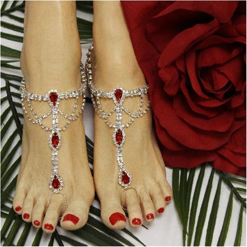 Boho Ruby Toe Anklets Rhinestone Ankle Chains Women's Crystal Anklets