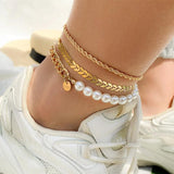 3Pcs/Set Multilayer Chain Anklet Set for Women Twist chain pearls Leg Chai