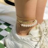 3Pcs/Set Multilayer Chain Anklet Set for Women Twist chain pearls Leg Chai