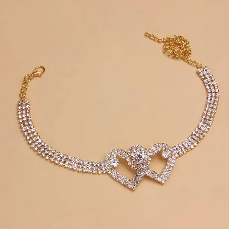 Rhinestone Double Heart Cross Anklet for Women
