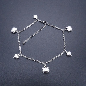 Heart Kitty Charm Stainless Steel Anklet 9-11 Inches