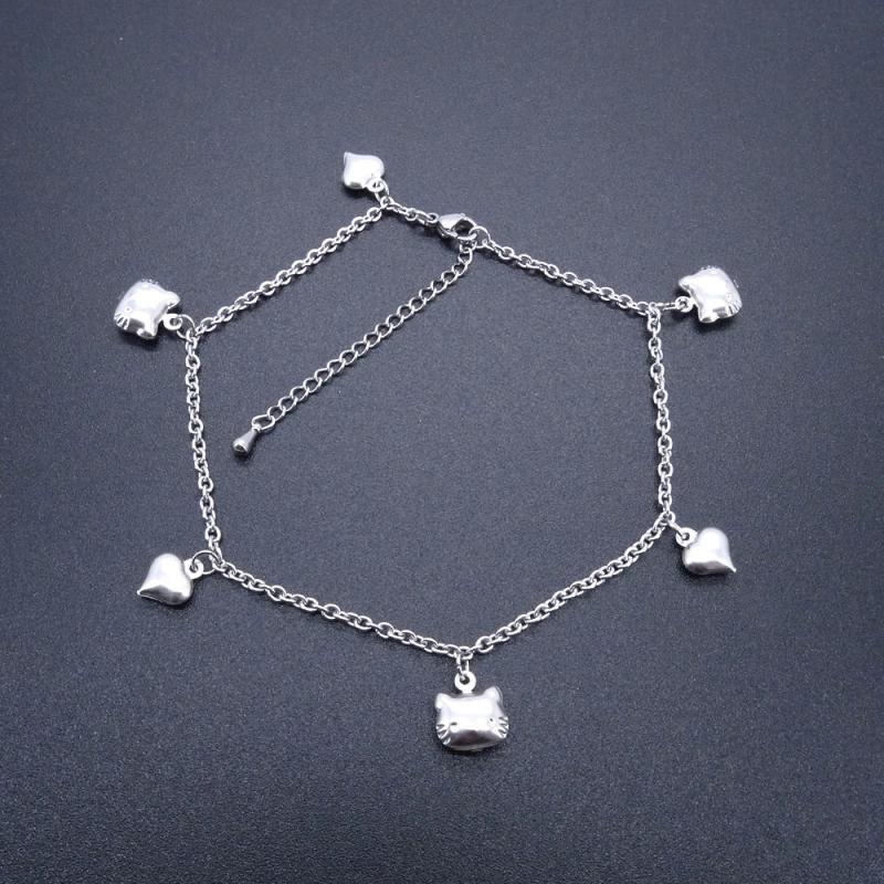 Heart Kitty Charm Stainless Steel Anklet 9-11 Inches