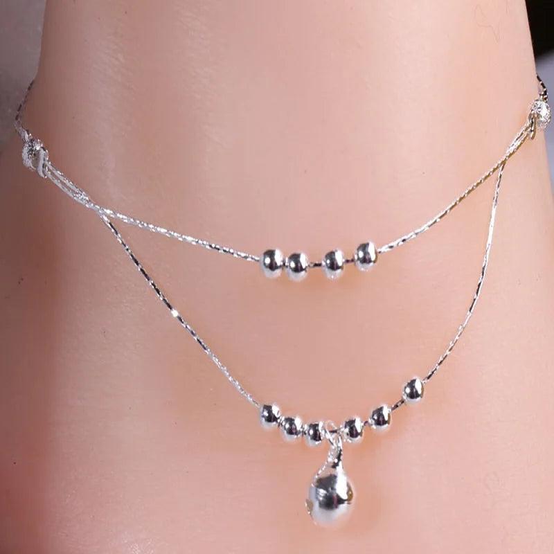 Fish Silver 925 Beads Anklets Double Chain Beads For Women 20+5CM Long