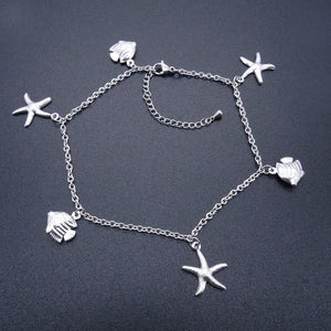 Women Stainless Steel Ankel Bracelet with Fish Starfish Charm