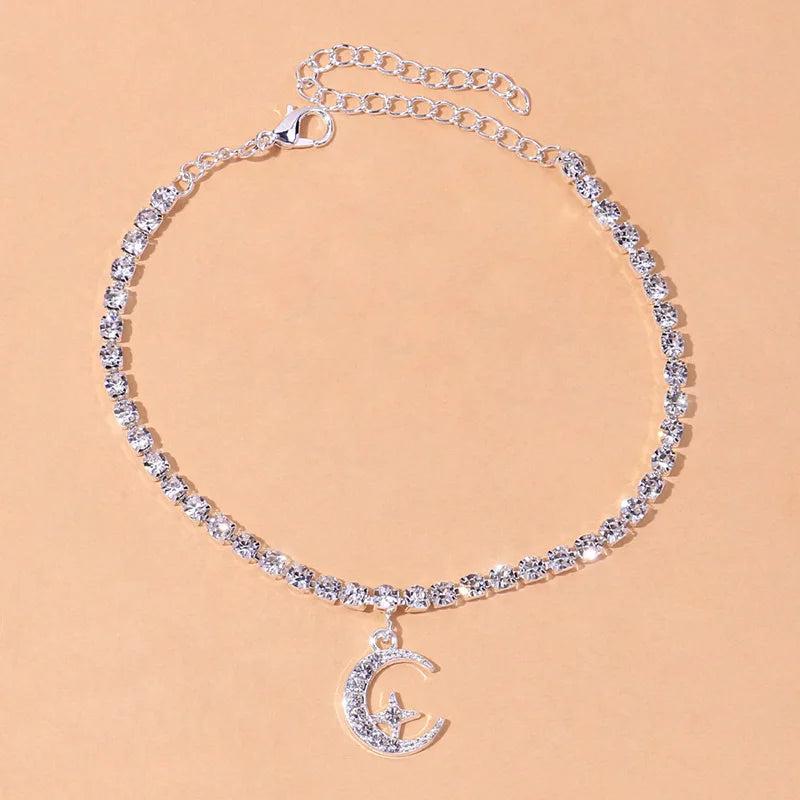 Efily Rhinestone Stars Moon Anklet Foot Jewelry for Women