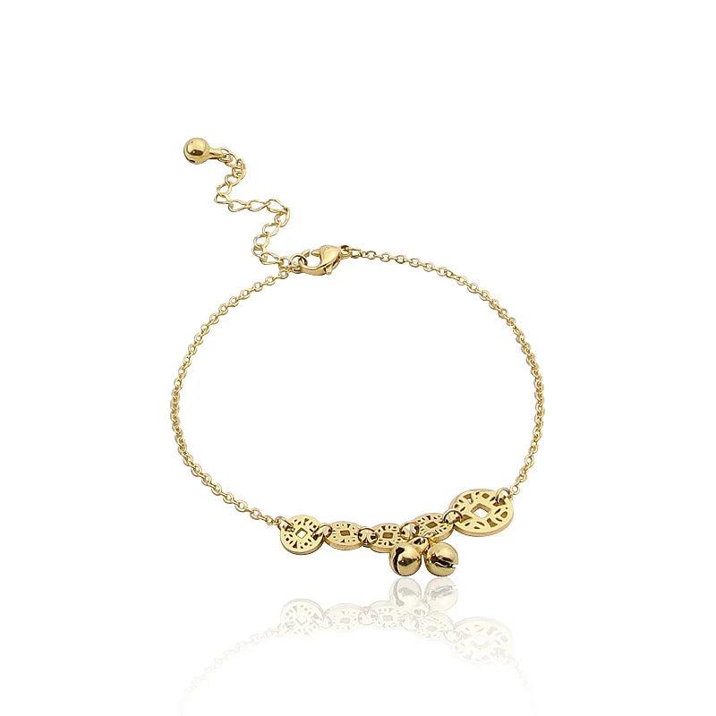 Chinese Coins Bell Anklet Titanium Steel Jewelry Women Barefoot Ankle Chain